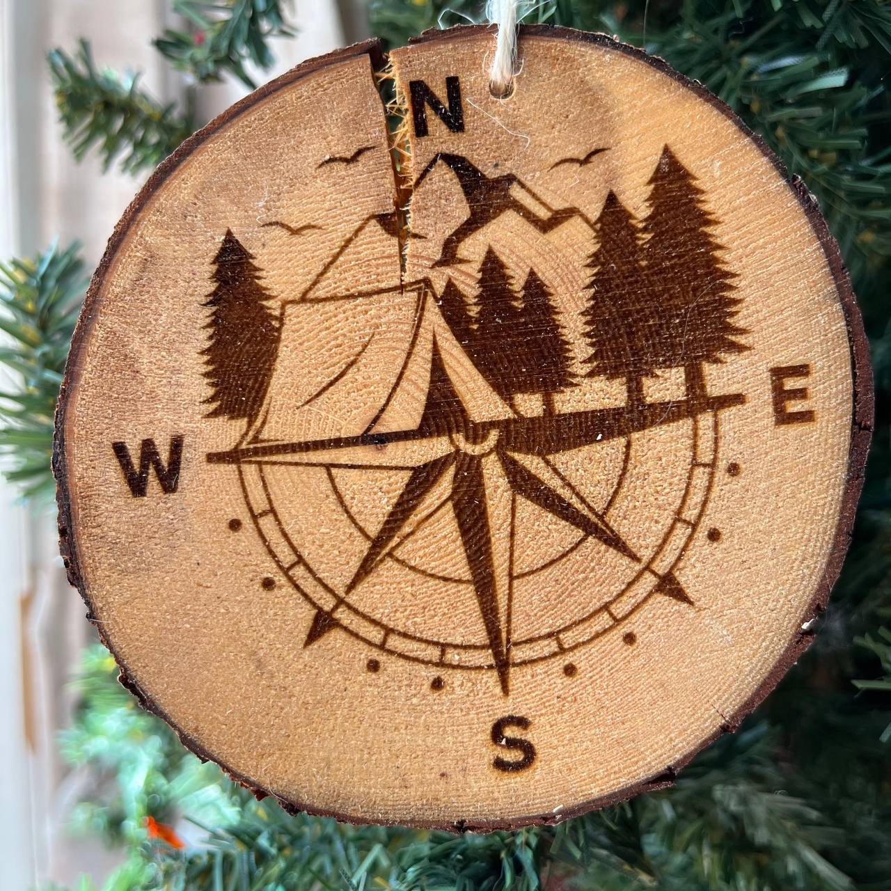 Engraved Compass & Tent Ornament – Rustic Pine Wood Camping Ornament – Mountain Adventure Tree Slice Decor – 3.25"-4" Round