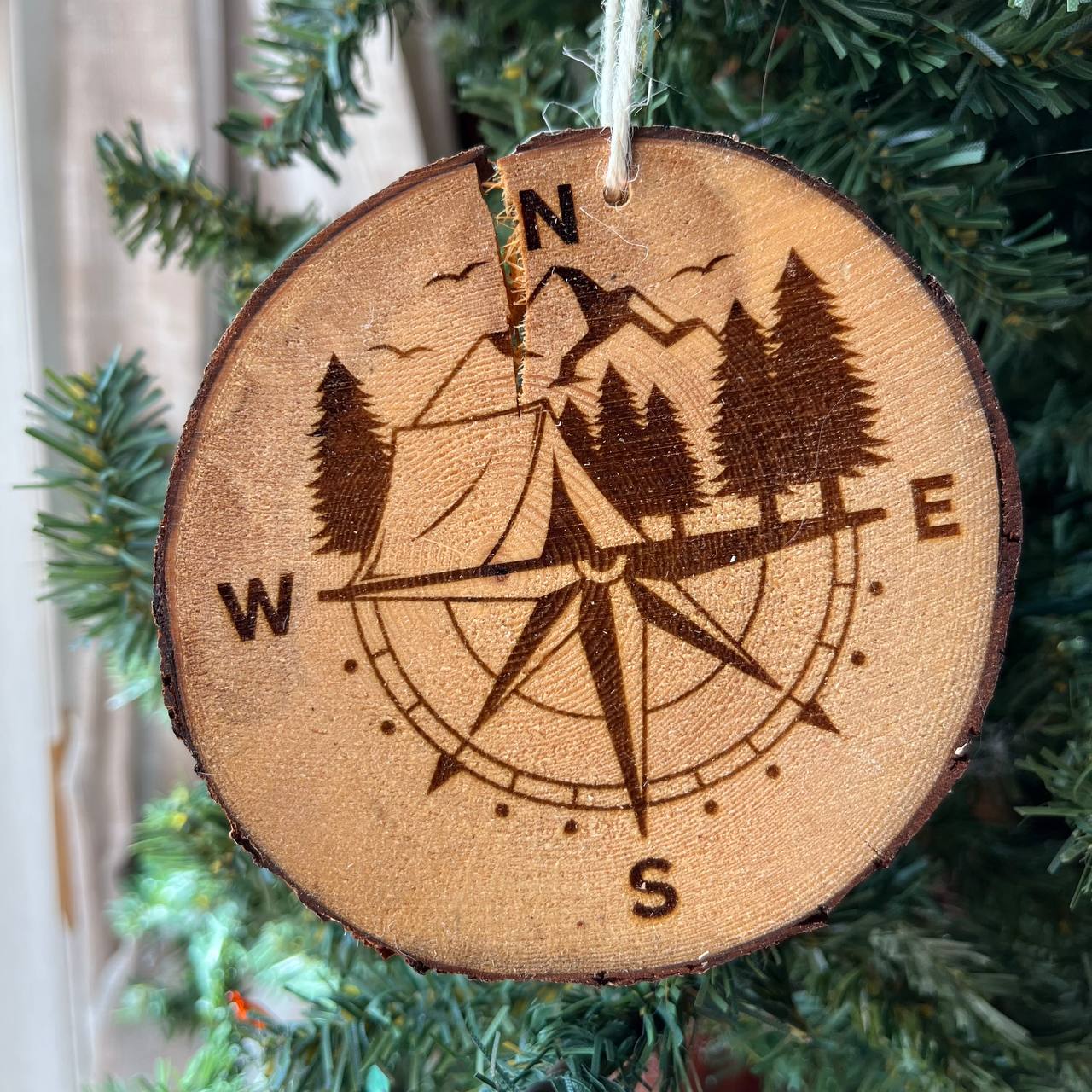 Engraved Compass & Tent Ornament – Rustic Pine Wood Camping Ornament – Mountain Adventure Tree Slice Decor – 3.25"-4" Round