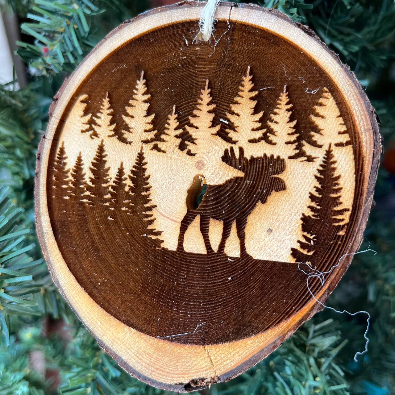 Moose in Forest Engraved Pine Wood Slice Ornament – Rustic Wildlife Tree Decor – Locally Sourced Handcrafted 3.25"-4" Round Ornament