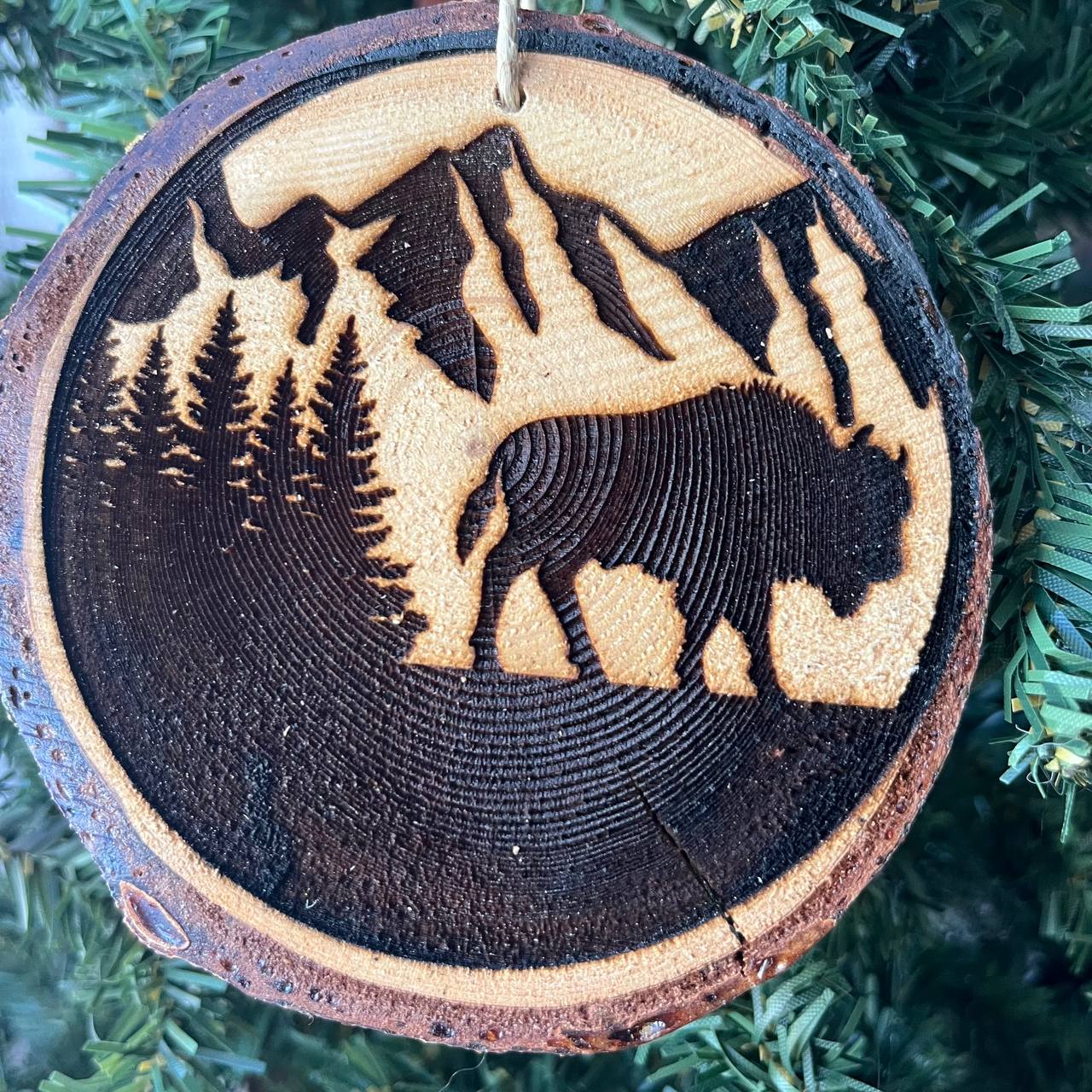 Engraved Bison Ornament β Rustic Pine Wood Christmas Ornament β Buffalo Mountain Tree Decor for Nature Lovers β 3.25"-4" Round