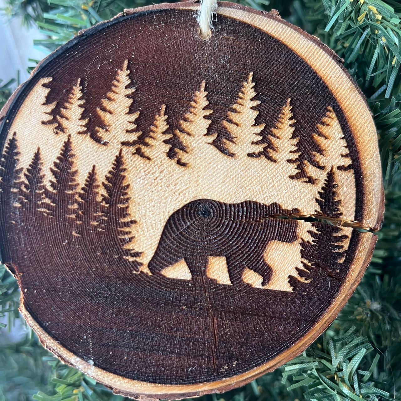 Engraved Bear Ornament – Rustic Wood Slice Christmas Decor – Locally Sourced Pine – Forest Animal Tree Ornament – 3.25"-4" Round