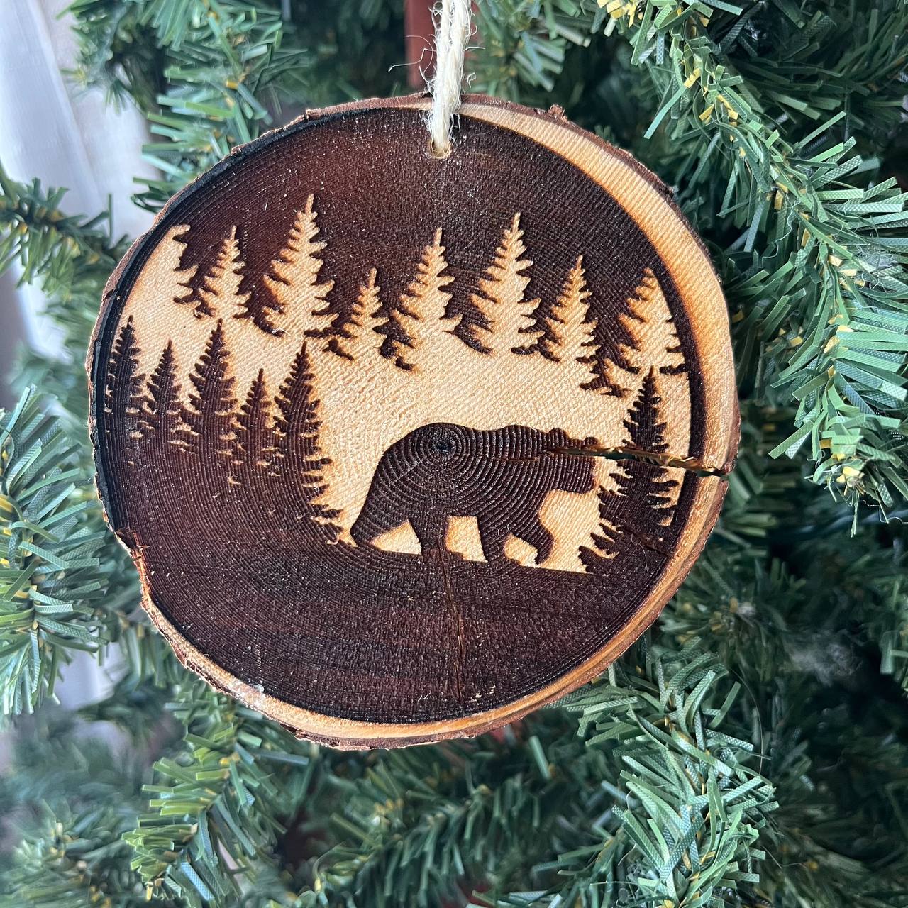 Engraved Bear Ornament – Rustic Wood Slice Christmas Decor – Locally Sourced Pine – Forest Animal Tree Ornament – 3.25"-4" Round