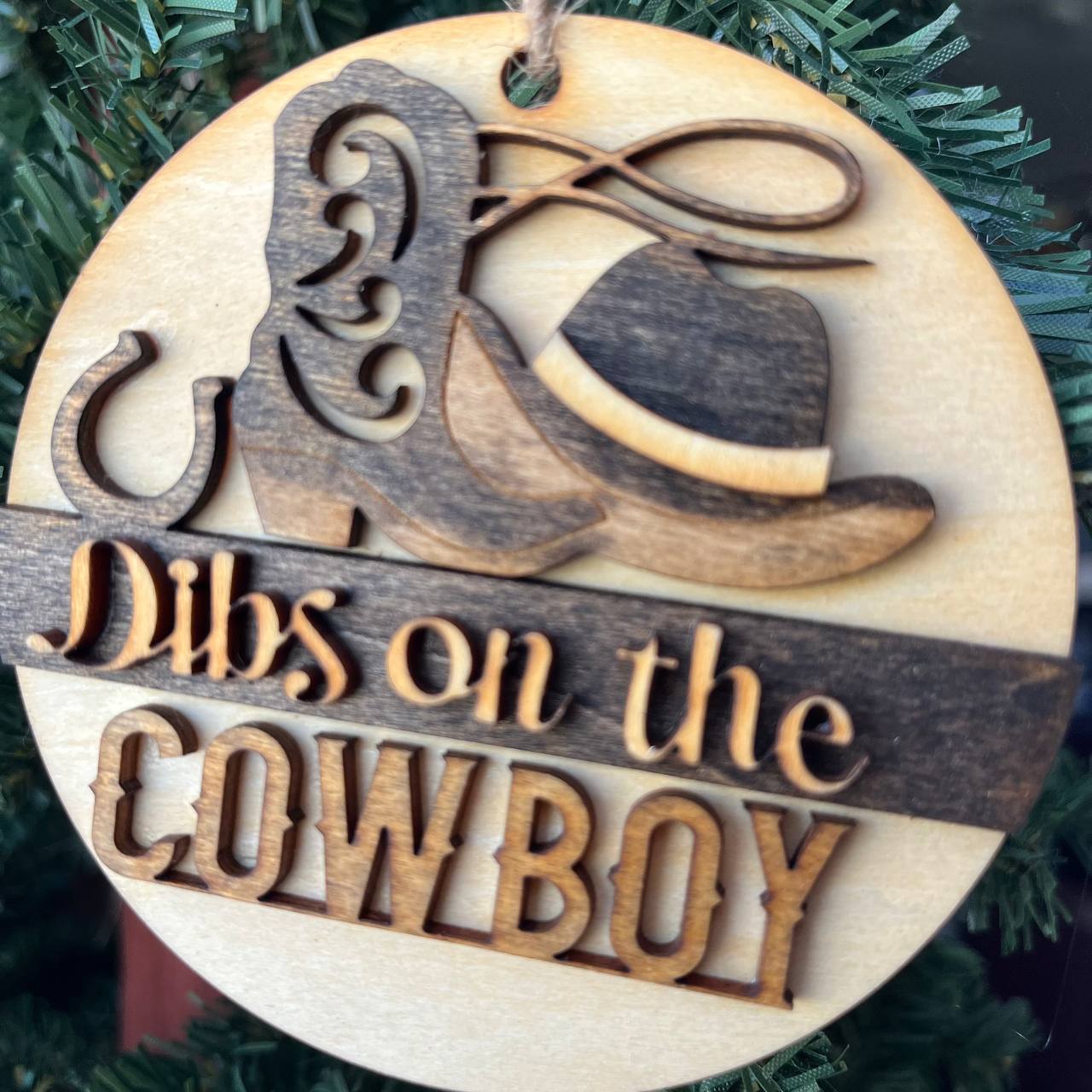 Dibs on the Cowboy Ornament β Western Cowboy Hat & Boot Christmas Tree Decor, Rustic Country Holiday Gift for Her
