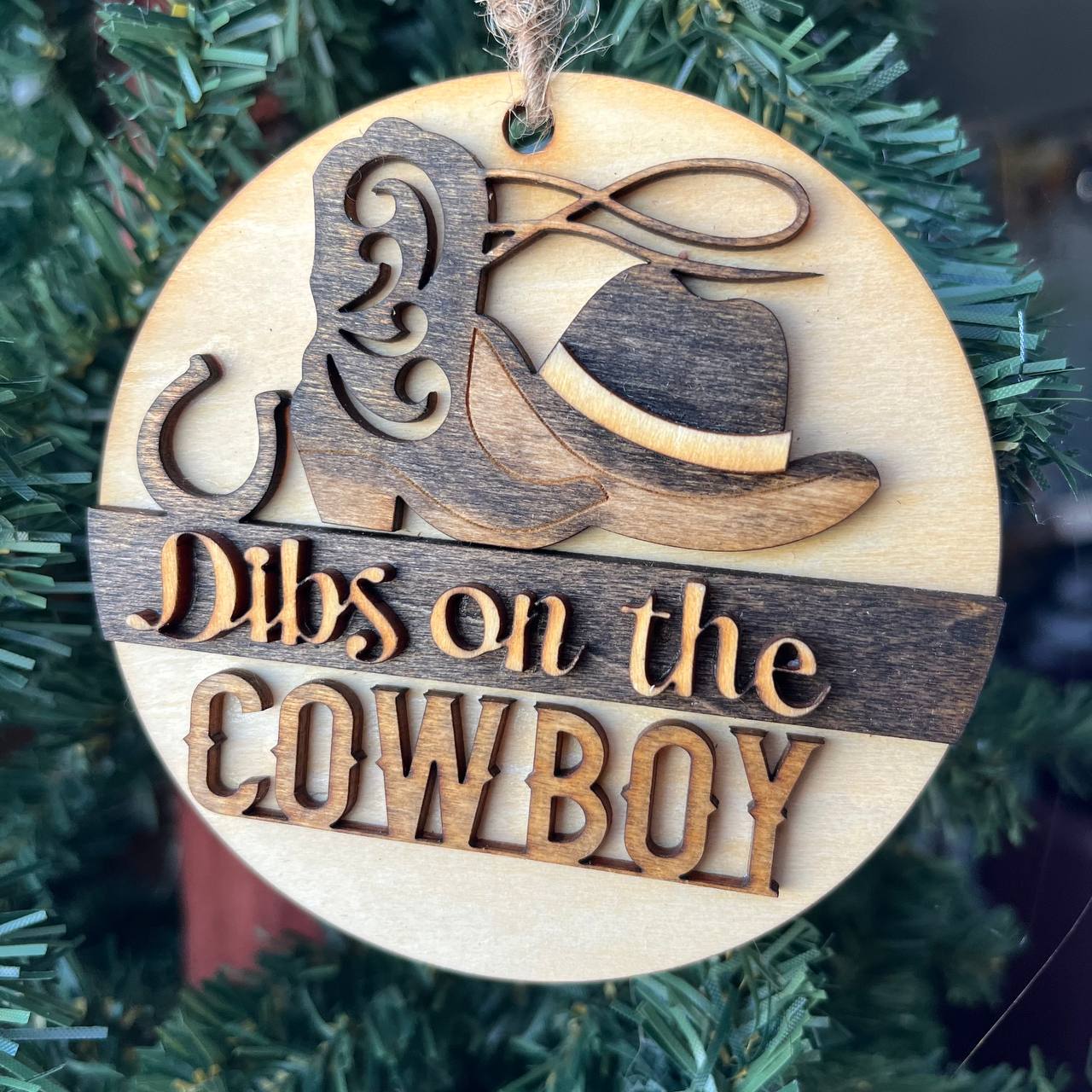 Dibs on the Cowboy Ornament β Western Cowboy Hat & Boot Christmas Tree Decor, Rustic Country Holiday Gift for Her
