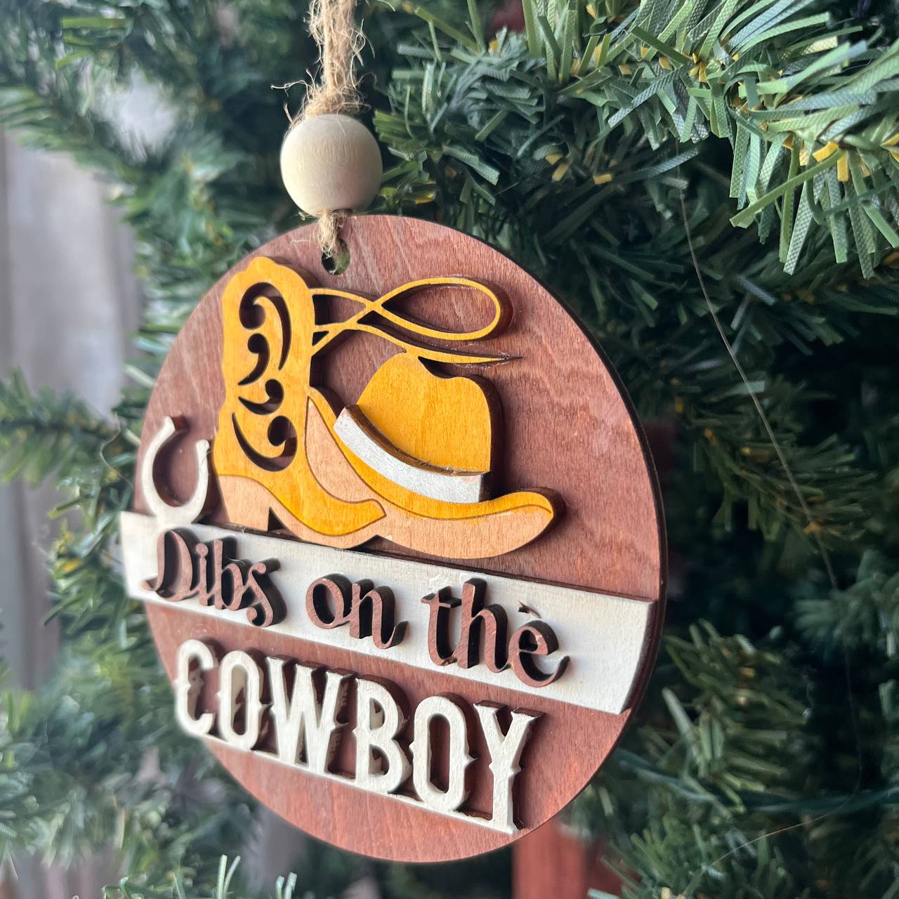 Dibs on the Cowboy Ornament β Western Cowboy Hat & Boot Christmas Tree Decor, Rustic Country Holiday Gift for Her