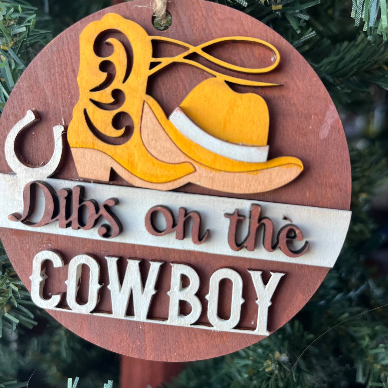 Dibs on the Cowboy Ornament β Western Cowboy Hat & Boot Christmas Tree Decor, Rustic Country Holiday Gift for Her