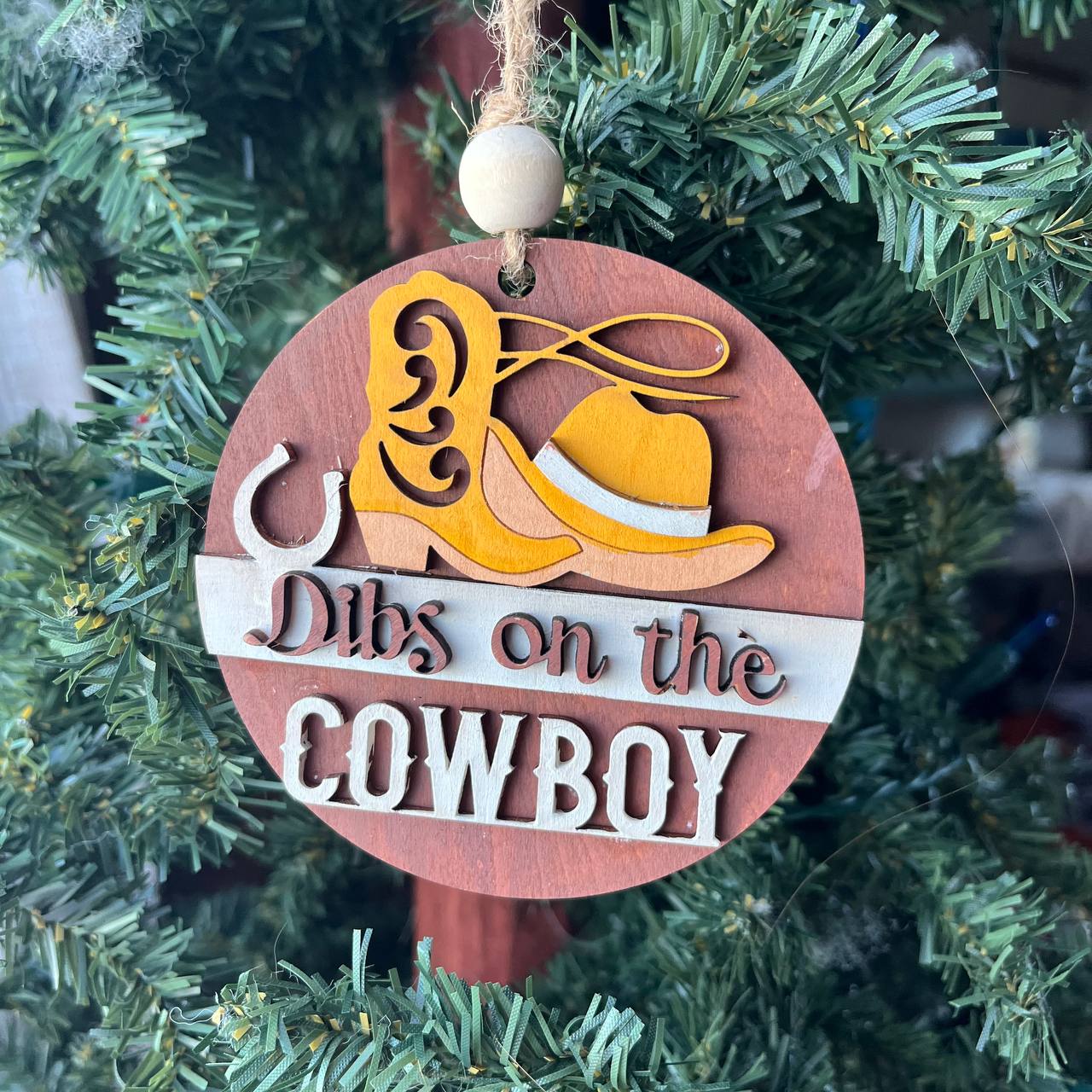 Dibs on the Cowboy Ornament β Western Cowboy Hat & Boot Christmas Tree Decor, Rustic Country Holiday Gift for Her