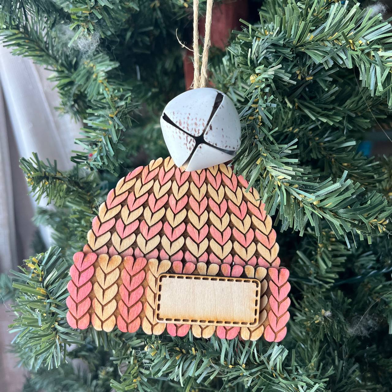 Personalized Knit Hat Christmas Ornament with Bell – Pink & Yellow Wood Beanie Tree Decor – Custom Winter Ornament for Kids, Family, Baby's First Christmas – 4" Tall