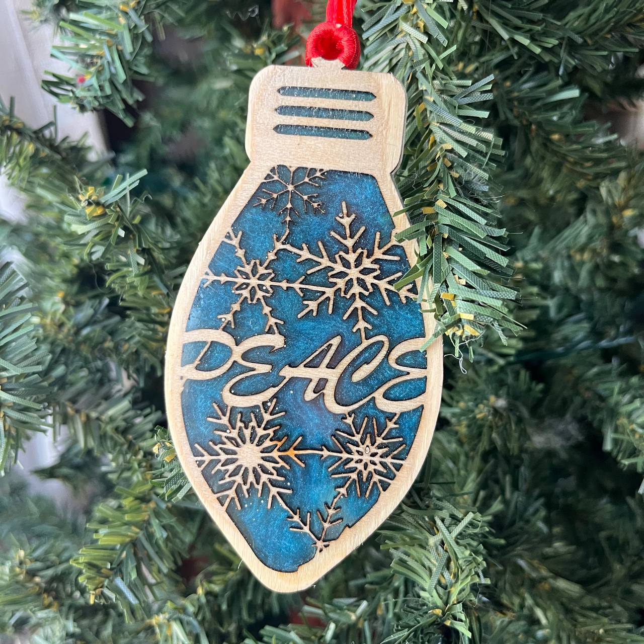Peace Christmas Ornament – Blue Resin & Wood Light Bulb Tree Decoration | Rustic Holiday Ornament with Snowflakes | Winter Peaceful Decor