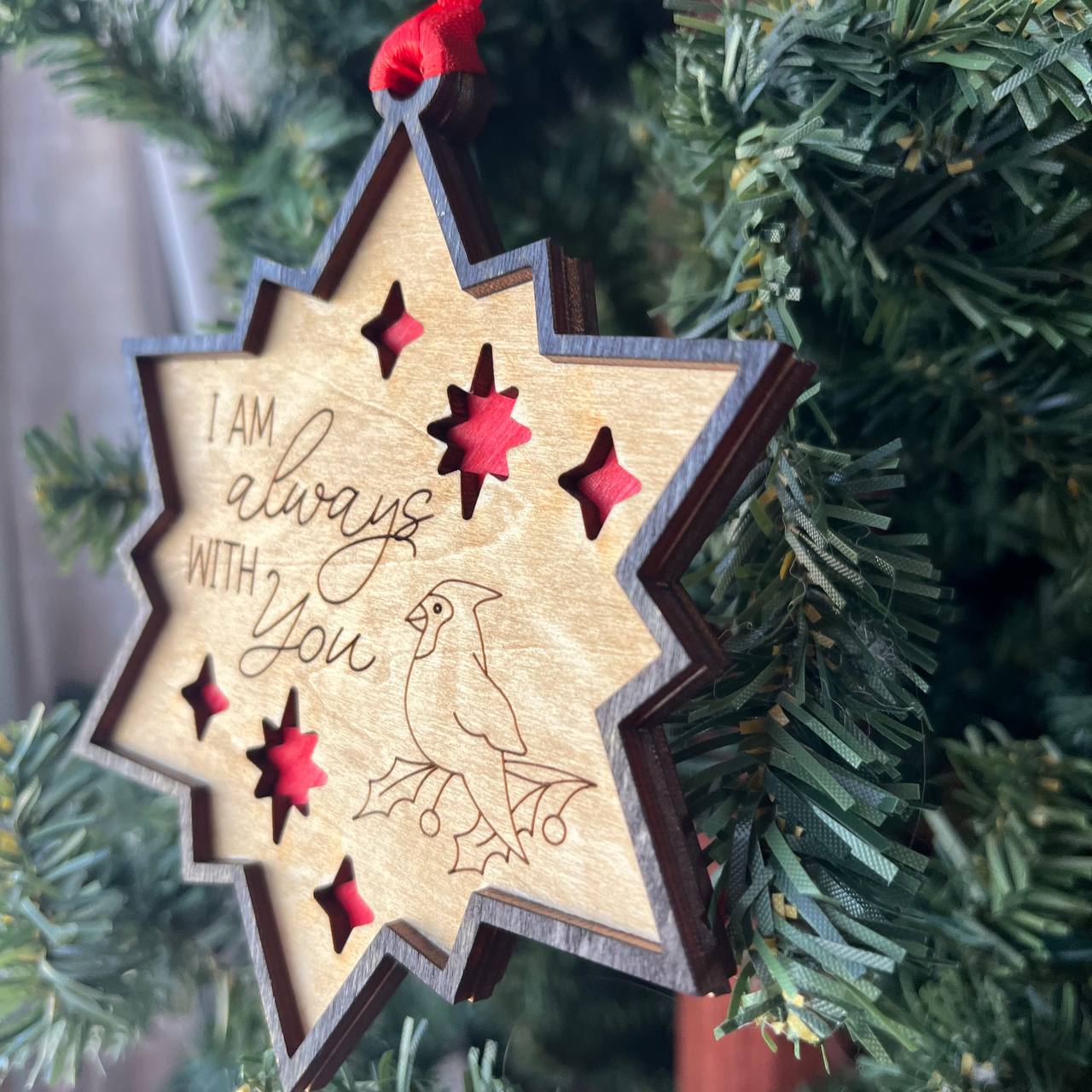 Cardinal Memorial Christmas Ornament – "I Am Always With You" Star | Wood Holiday Ornament with Red Inlay | Sympathy Tree Decoration | Remembrance Gift