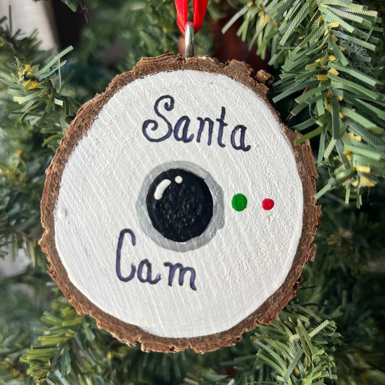 Santa Cam Ornament – Funny Christmas Wood Slice Camera | 3.25" Hand-Painted Rustic Tree Decoration for Kids | Elf Watch Holiday Decor