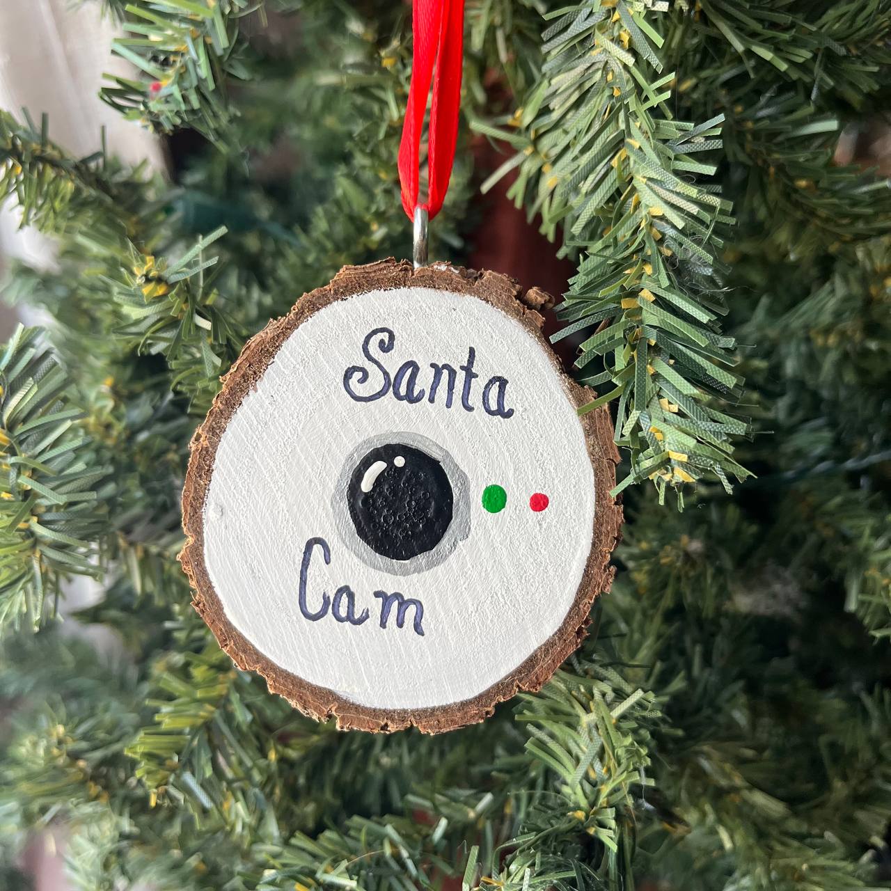 Santa Cam Ornament – Funny Christmas Wood Slice Camera | 3.25" Hand-Painted Rustic Tree Decoration for Kids | Elf Watch Holiday Decor