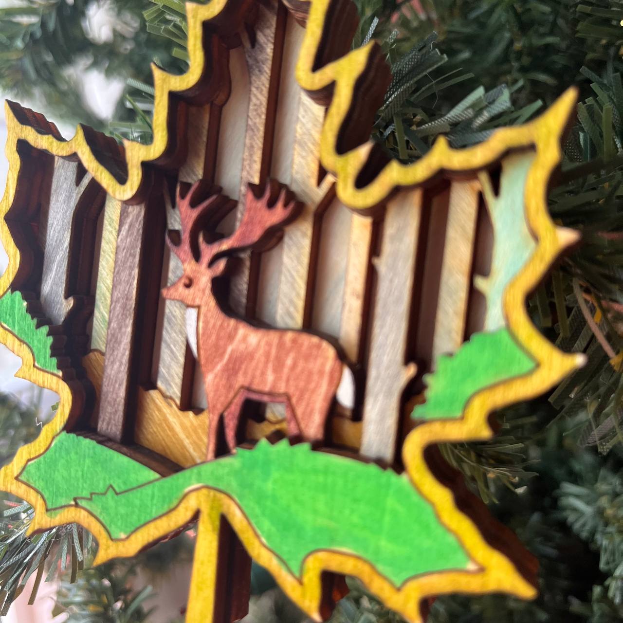 Rustic Outdoor Christmas Ornament Set - Hand-Painted 4-Layer Wooden Nature Collection (12 Pieces)