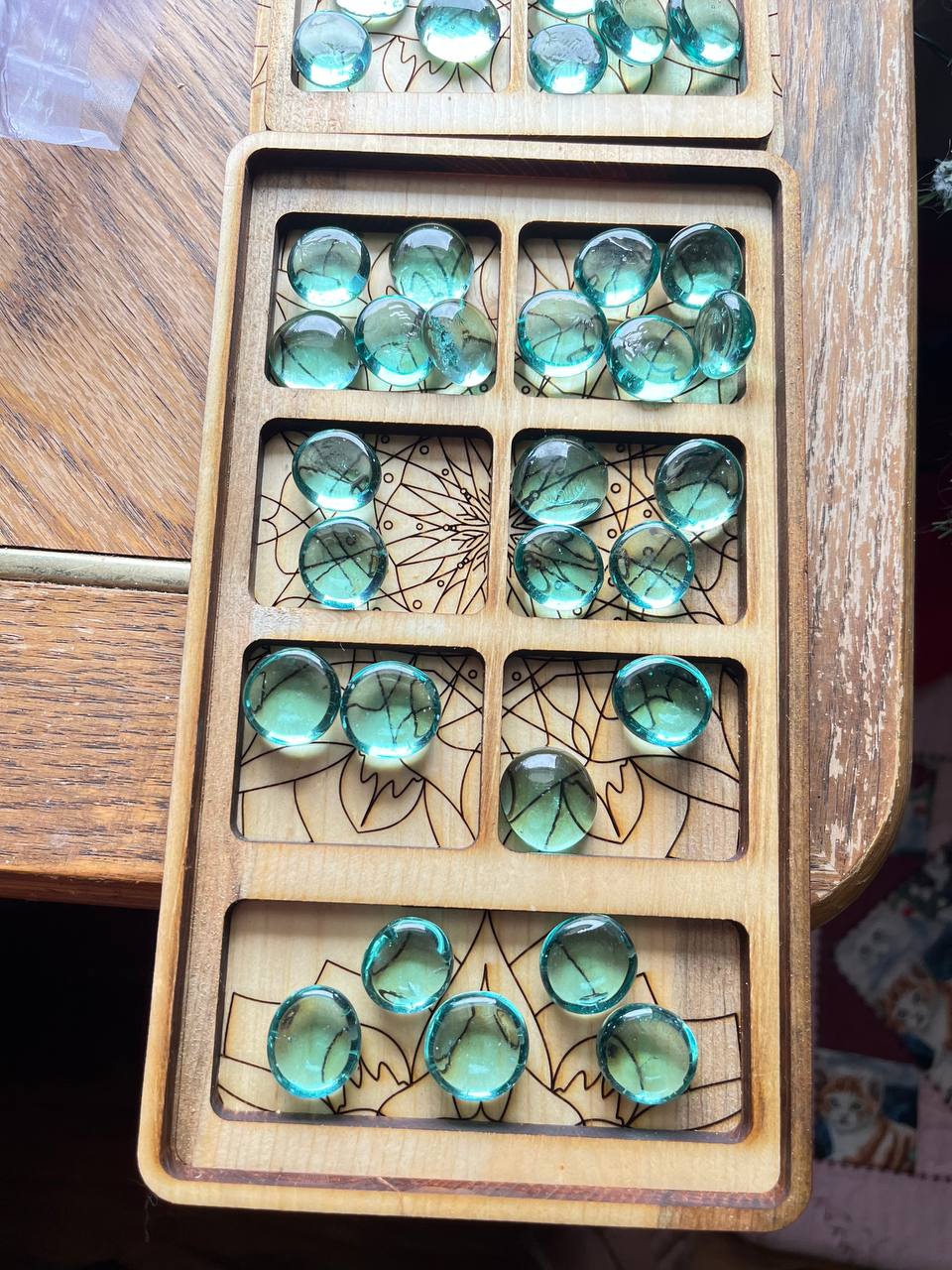 Handcrafted Folding Wooden Mancala Game – Travel Board with Leather Clasp & Glass Marbles (9.5"x5.5" Closed)