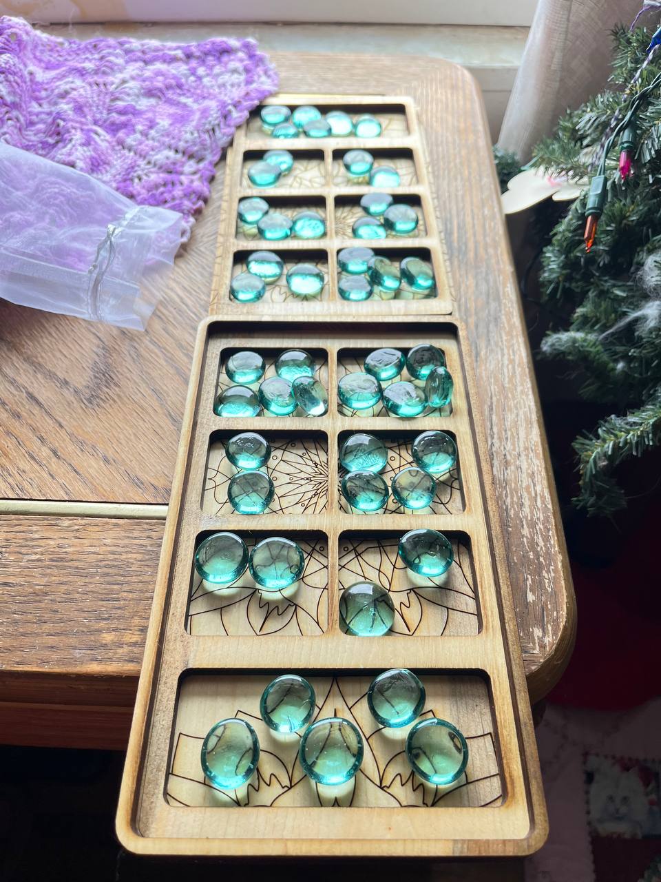 Handcrafted Folding Wooden Mancala Game – Travel Board with Leather Clasp & Glass Marbles (9.5"x5.5" Closed)