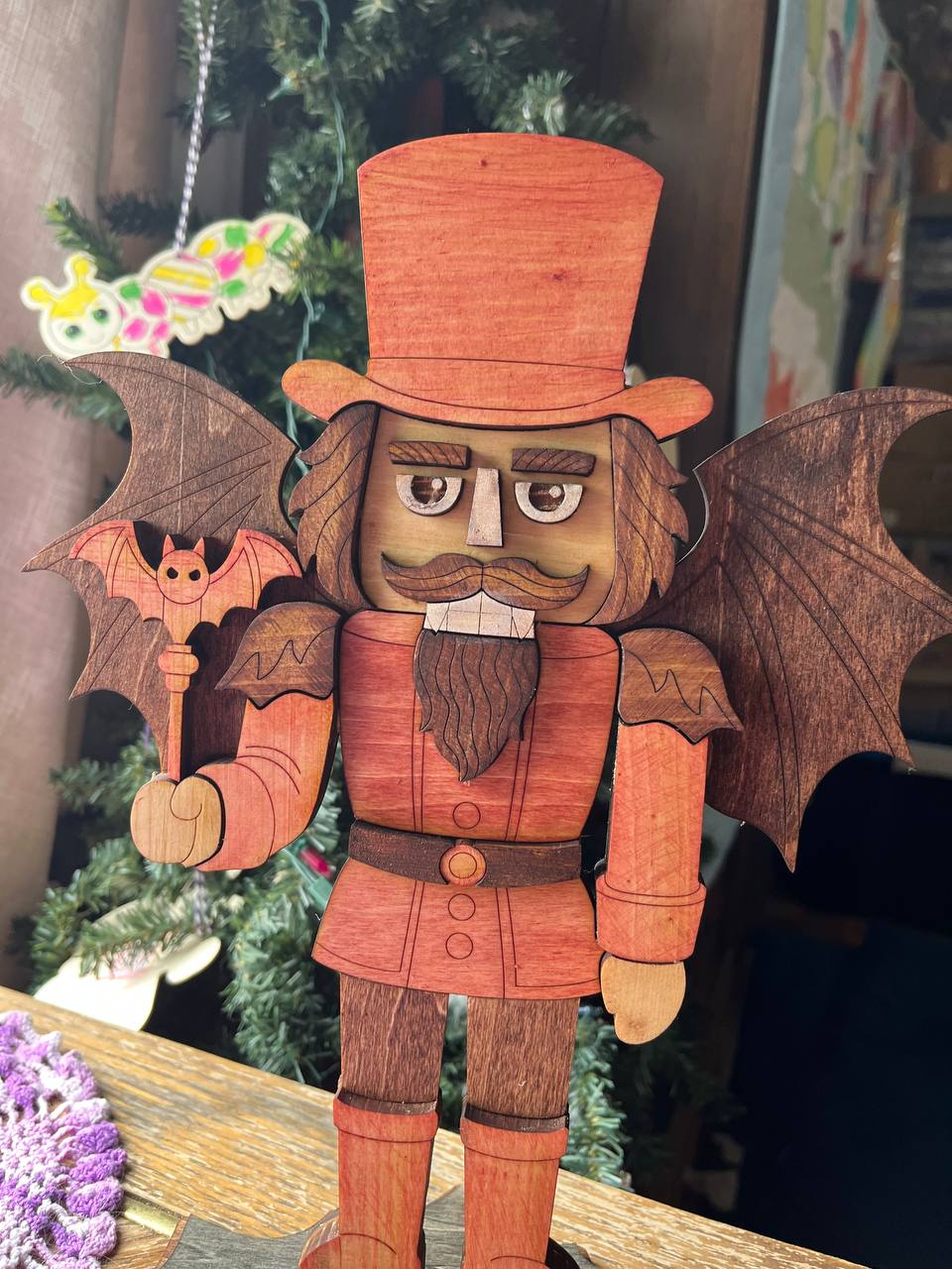 Handcrafted Halloween Nutcracker with Bat Wings – 3D Layered Wood Vampire Nutcracker – Rustic Gothic Fall Tabletop Decoration (11.5"x9")