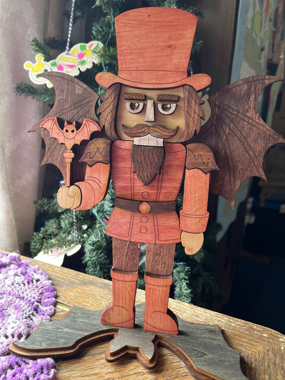 Handcrafted Halloween Nutcracker with Bat Wings – 3D Layered Wood Vampire Nutcracker – Rustic Gothic Fall Tabletop Decoration (11.5"x9")