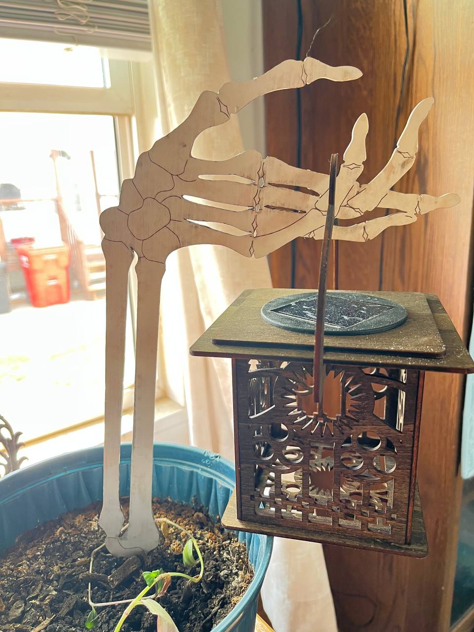 Halloween Skeleton Hand Solar Light – Rustic Wooden Lantern Yard or Patio Decoration – Spooky Outdoor Halloween Decor (14"x6.5")