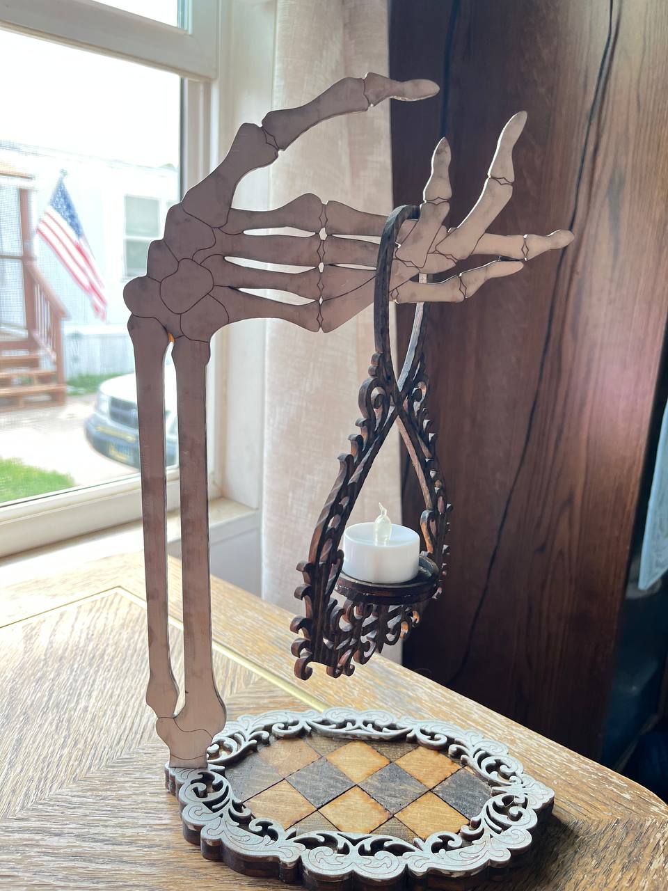 Halloween Skeleton Hand Candle Holder – Handcrafted Wooden Gothic Tea Light Stand – Rustic Spooky Tabletop Decor (13.5"x9")