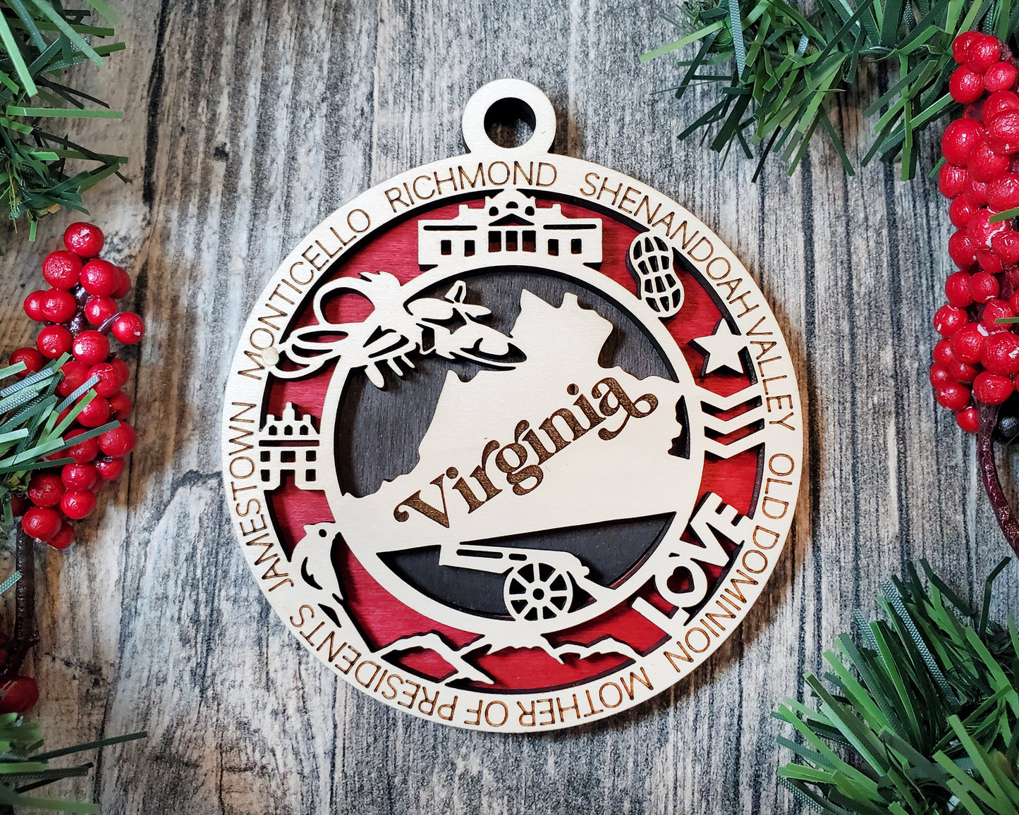 Virginia State Ornament – Laser Cut Wood Christmas Decor with Historic Icons