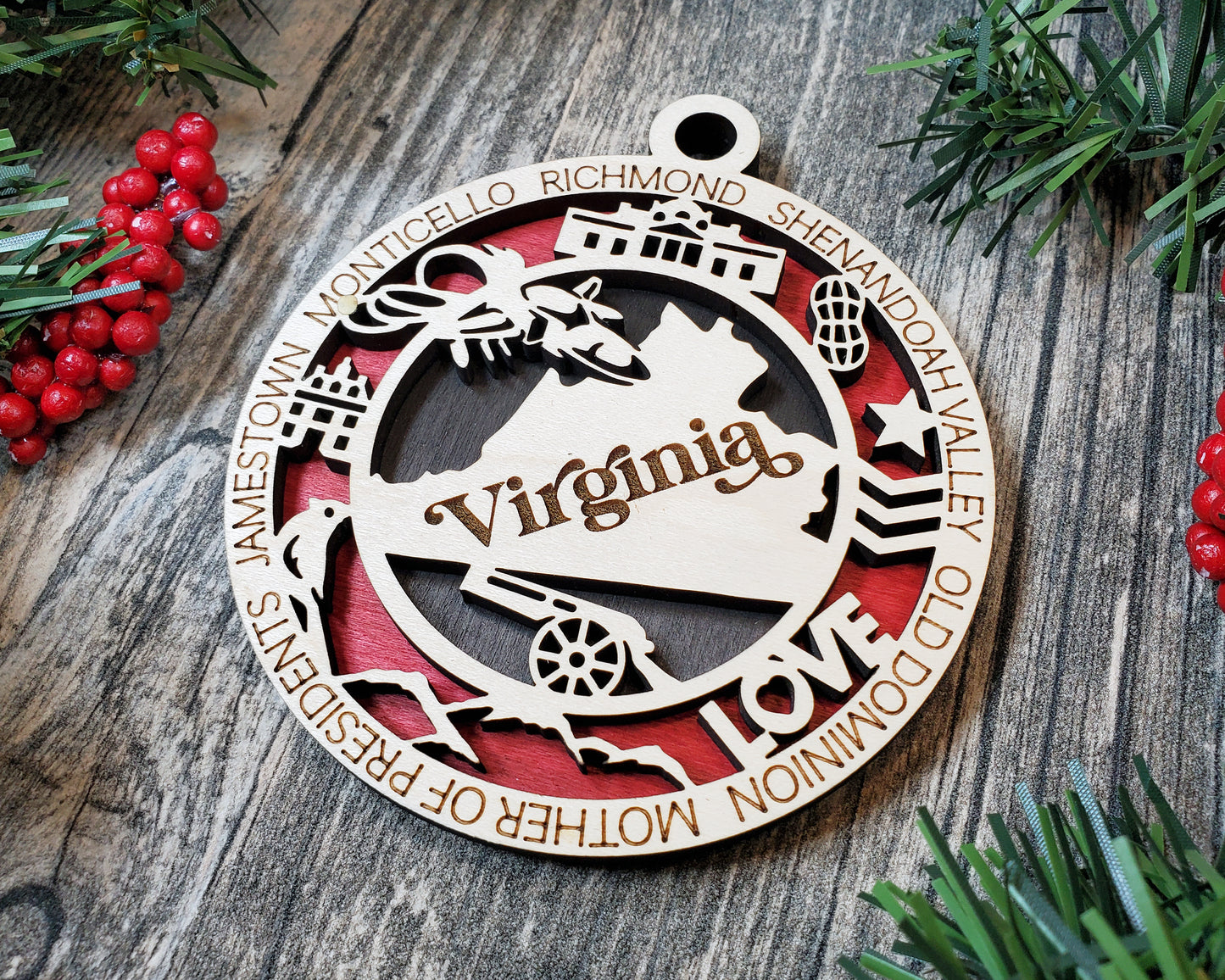 Virginia State Ornament – Laser Cut Wood Christmas Decor with Historic Icons