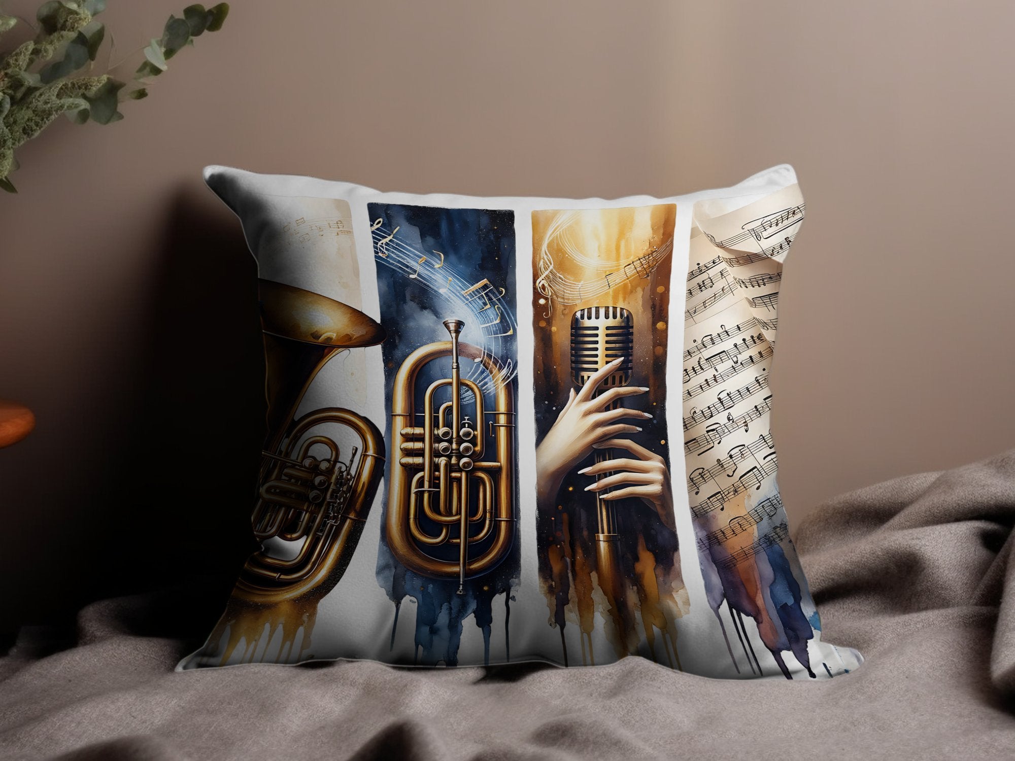 Musical Instruments Themed Pillow Cover, Trumpet and Saxophone Art, Decorative Sofa Cushion, Music Lover Home Decor Gift