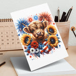 Patriotic Highland Cow Art Print, 4th of July Decor, Farmhouse Style, Colorful Fireworks and Flowers, USA Flag