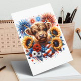 Patriotic Highland Cow Art Print, 4th of July Decor, Farmhouse Style, Colorful Fireworks and Flowers, USA Flag