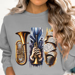 Women's Grey Sweatshirt with Colorful Musical Instruments Print, Casual Pullover, Artistic Design, Cozy Top