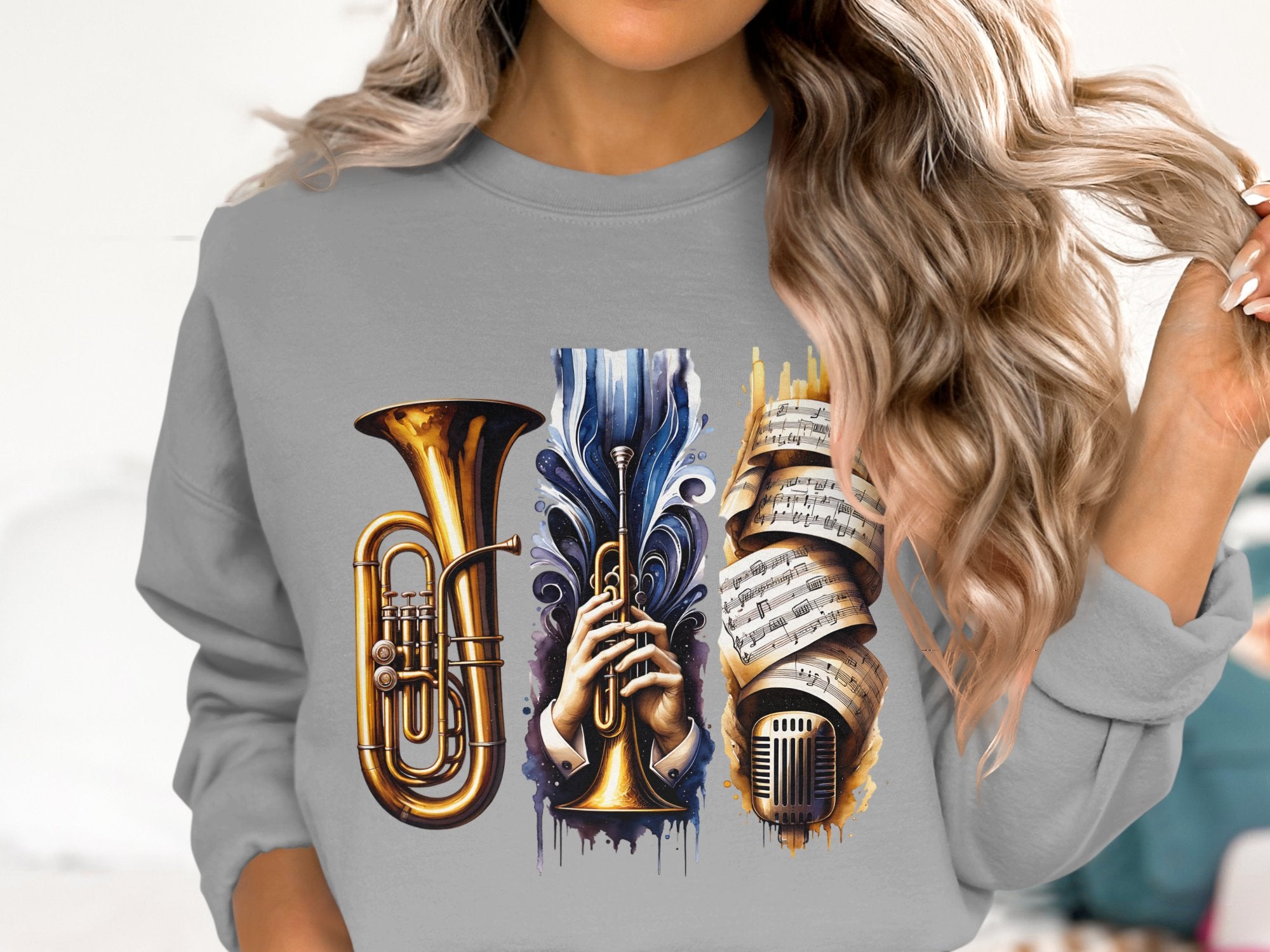 Women's Grey Sweatshirt with Colorful Musical Instruments Print, Casual Pullover, Artistic Design, Cozy Top