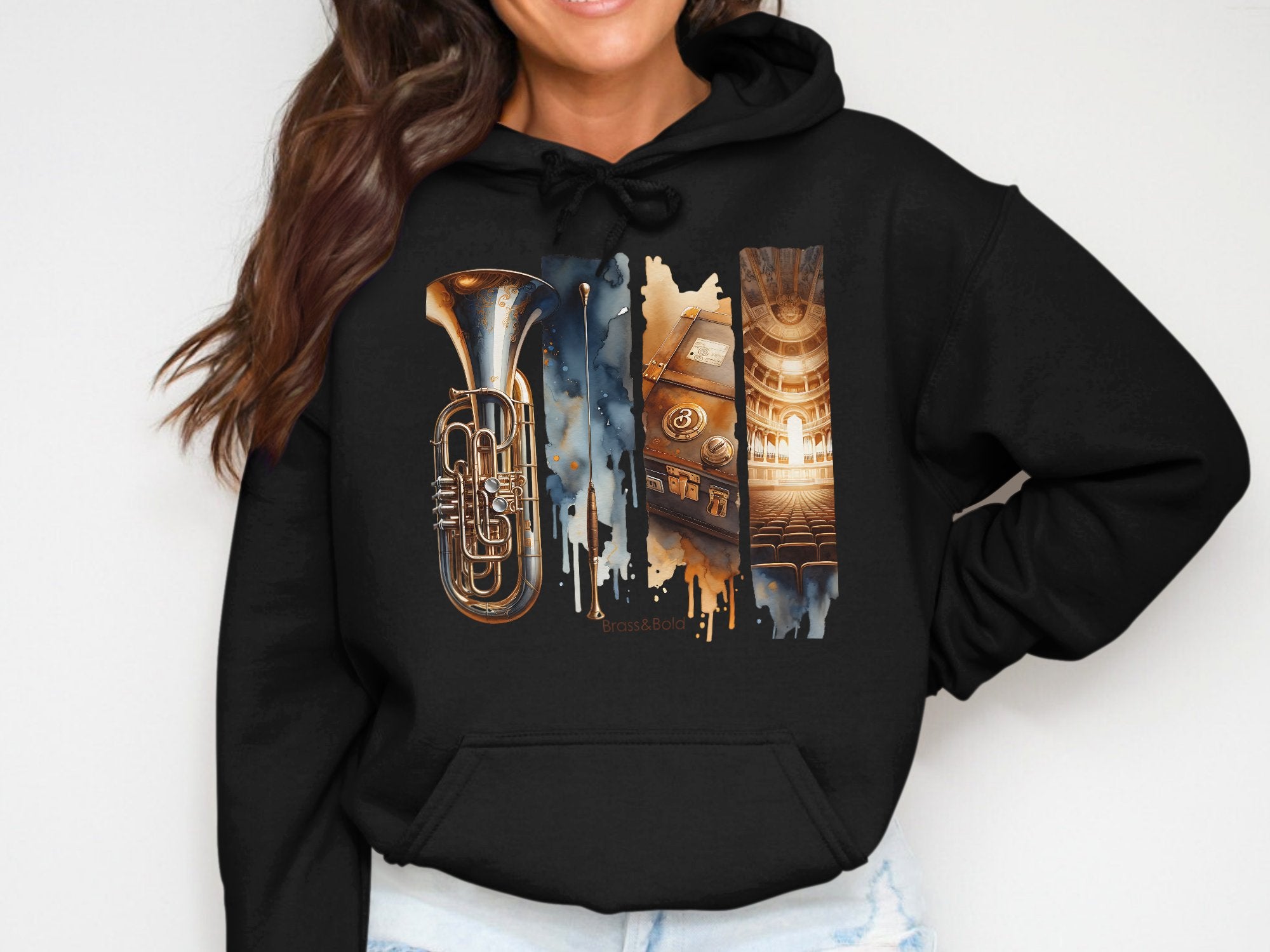 Musical Instrument Hoodie, Trombone Print, Urban Art Sweatshirt, Designer Graphic Hoodie, Unisex Pullover