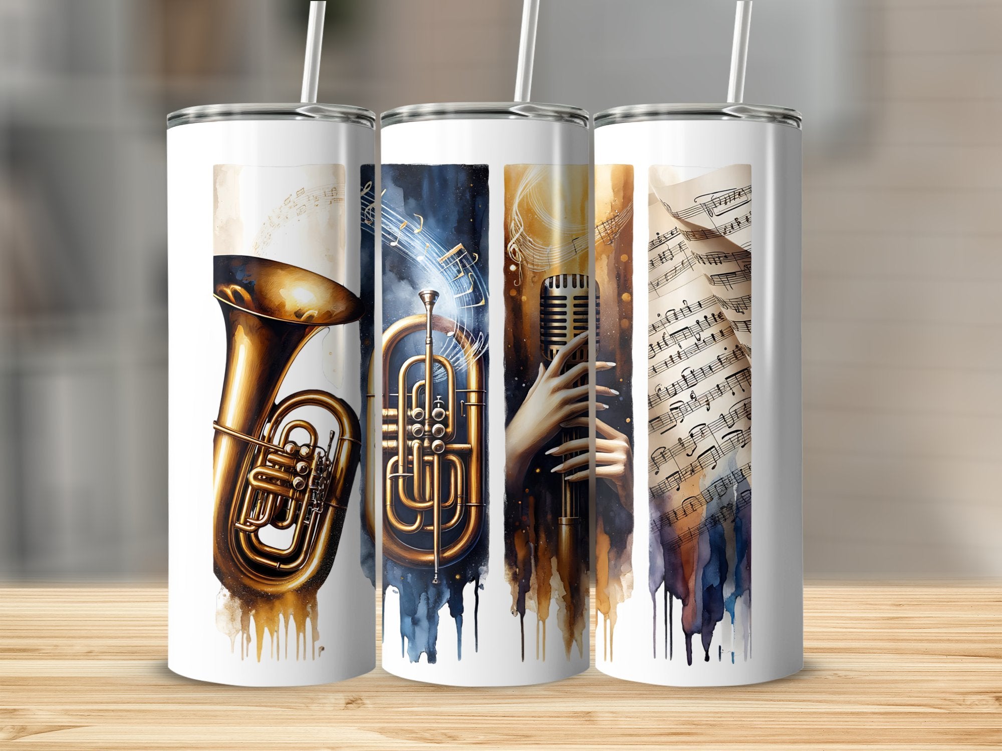 Music Themed Tumblers, Brass Instruments and Sheet Music Design, Stainless Steel Travel Cups, Gift for Musicians