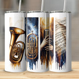 Music Themed Tumblers, Brass Instruments and Sheet Music Design, Stainless Steel Travel Cups, Gift for Musicians
