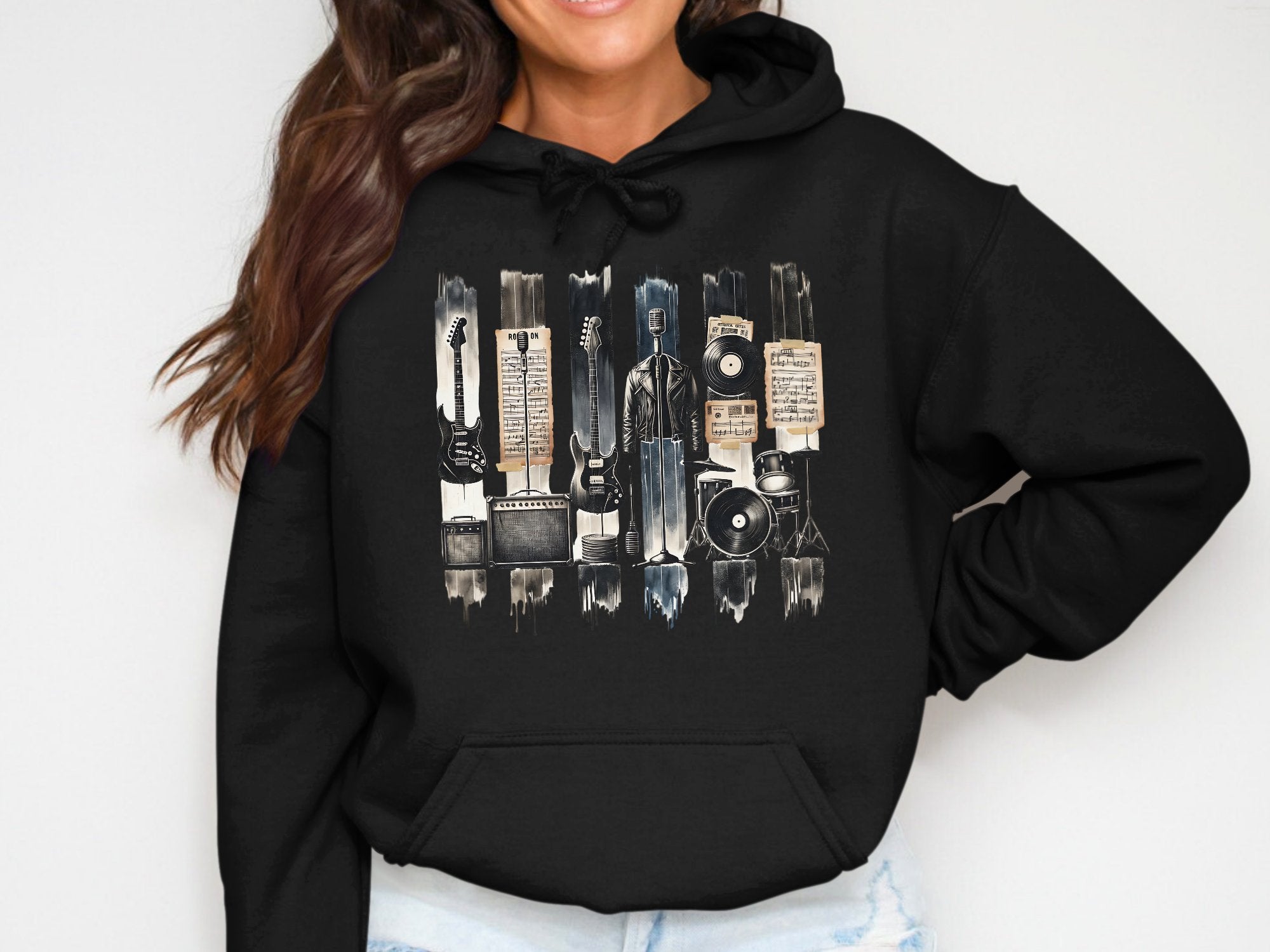Vintage Radio Print Hoodie, Classic Audio Gear Graphic Sweatshirt, Unisex Black Pullover, Retro Music Lover Gift