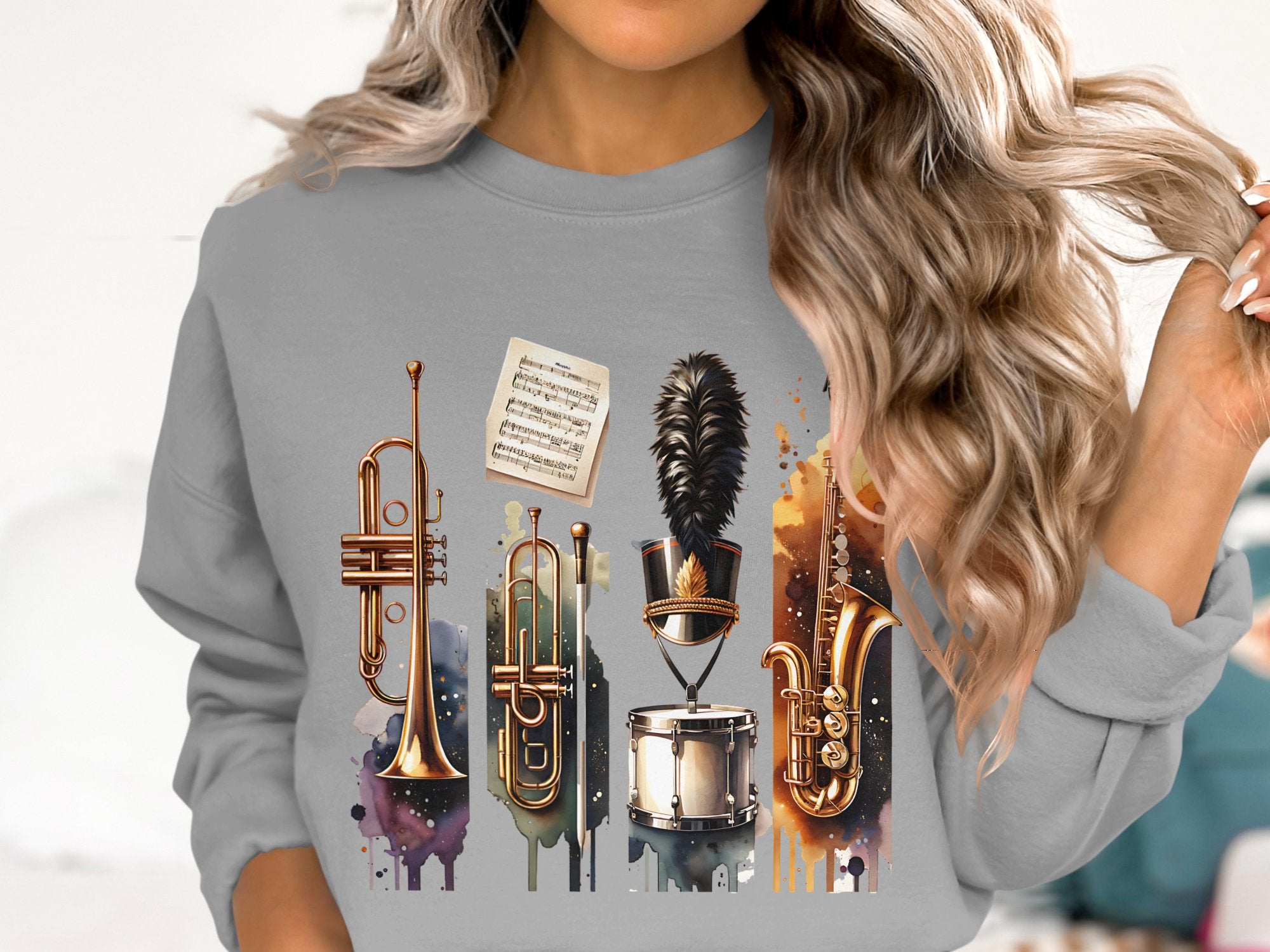 Women's Music Themed Sweatshirt - Vintage Instruments Graphic Pullover, Artistic Casual Top, Unique Gift for Musicians