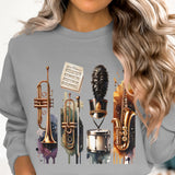 Women's Music Themed Sweatshirt - Vintage Instruments Graphic Pullover, Artistic Casual Top, Unique Gift for Musicians