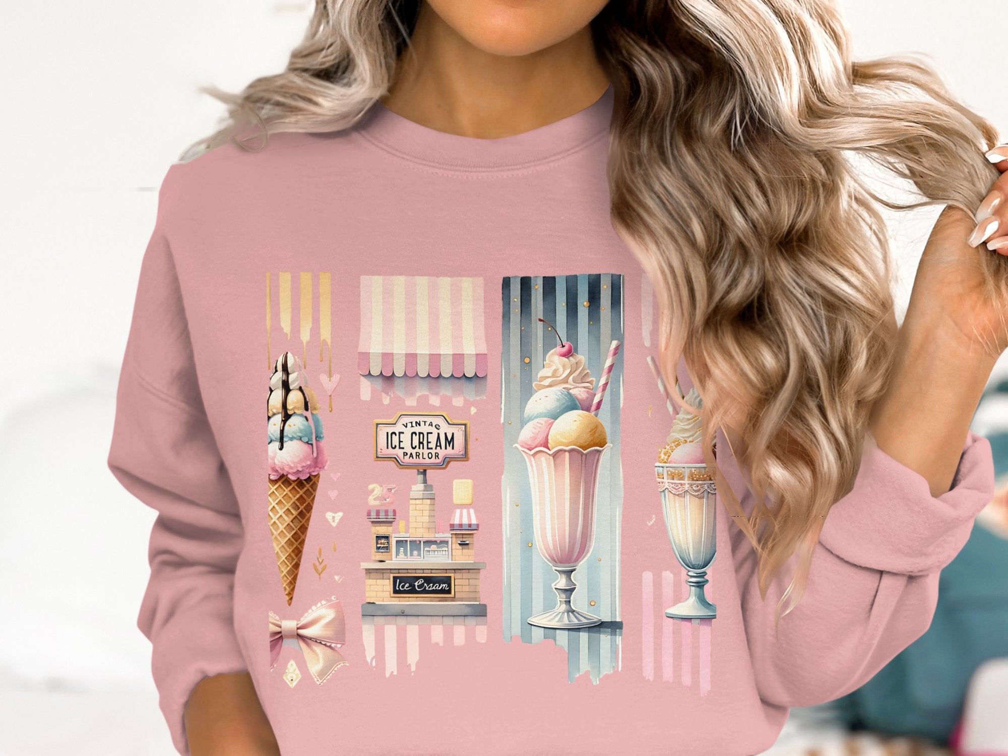 Ice Cream Parlor Graphic Sweatshirt, Vintage Style Pastel Pink Pullover, Women's Fashion Casual Top