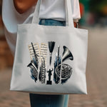Canvas Tote Bag with Brass Instruments Print, Music Theme Shoulder Bag, Durable Reusable Shopping Bag, Gift for Musicians