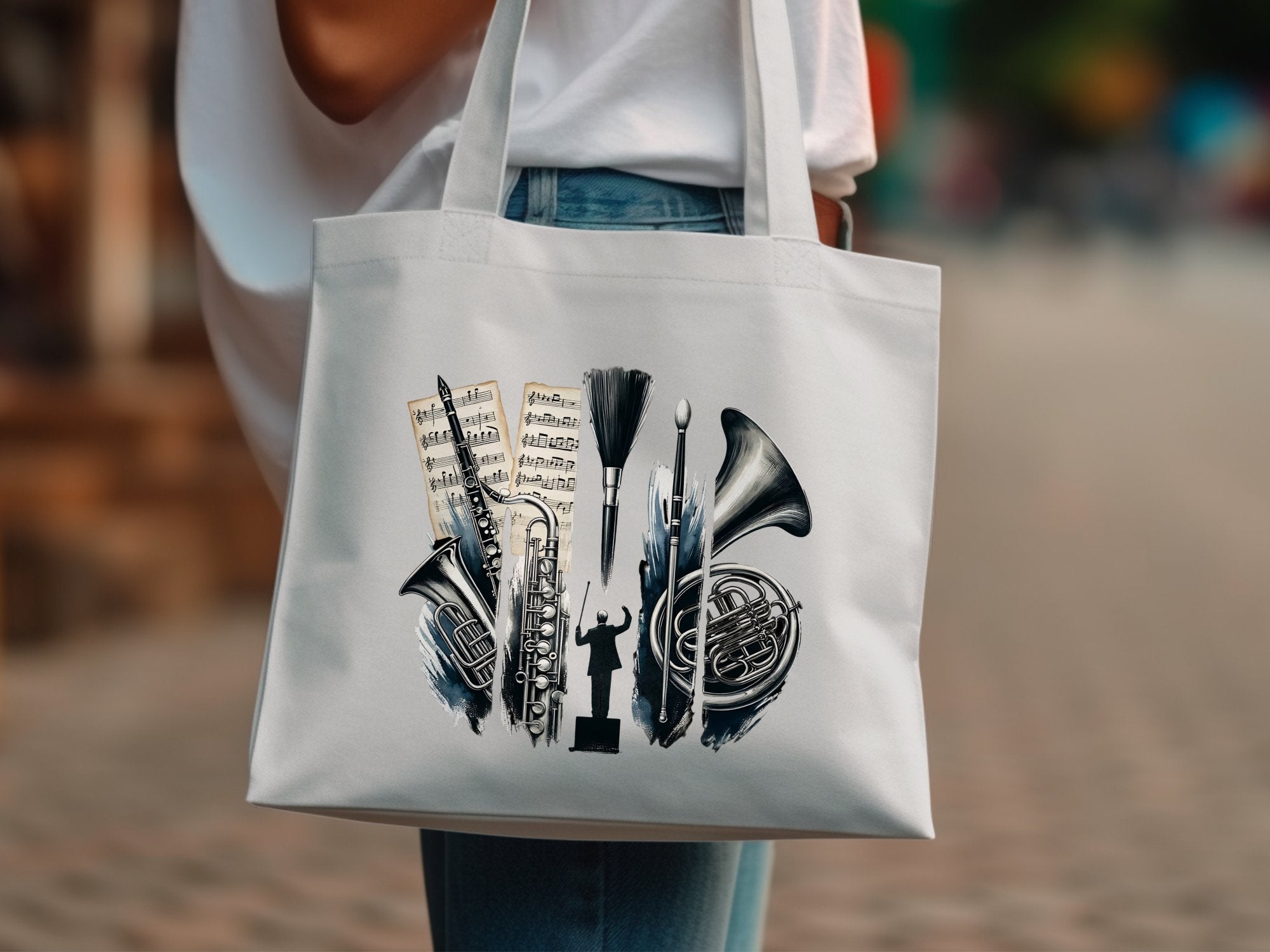 Canvas Tote Bag with Brass Instruments Print, Music Theme Shoulder Bag, Durable Reusable Shopping Bag, Gift for Musicians