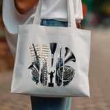 Canvas Tote Bag with Brass Instruments Print, Music Theme Shoulder Bag, Durable Reusable Shopping Bag, Gift for Musicians