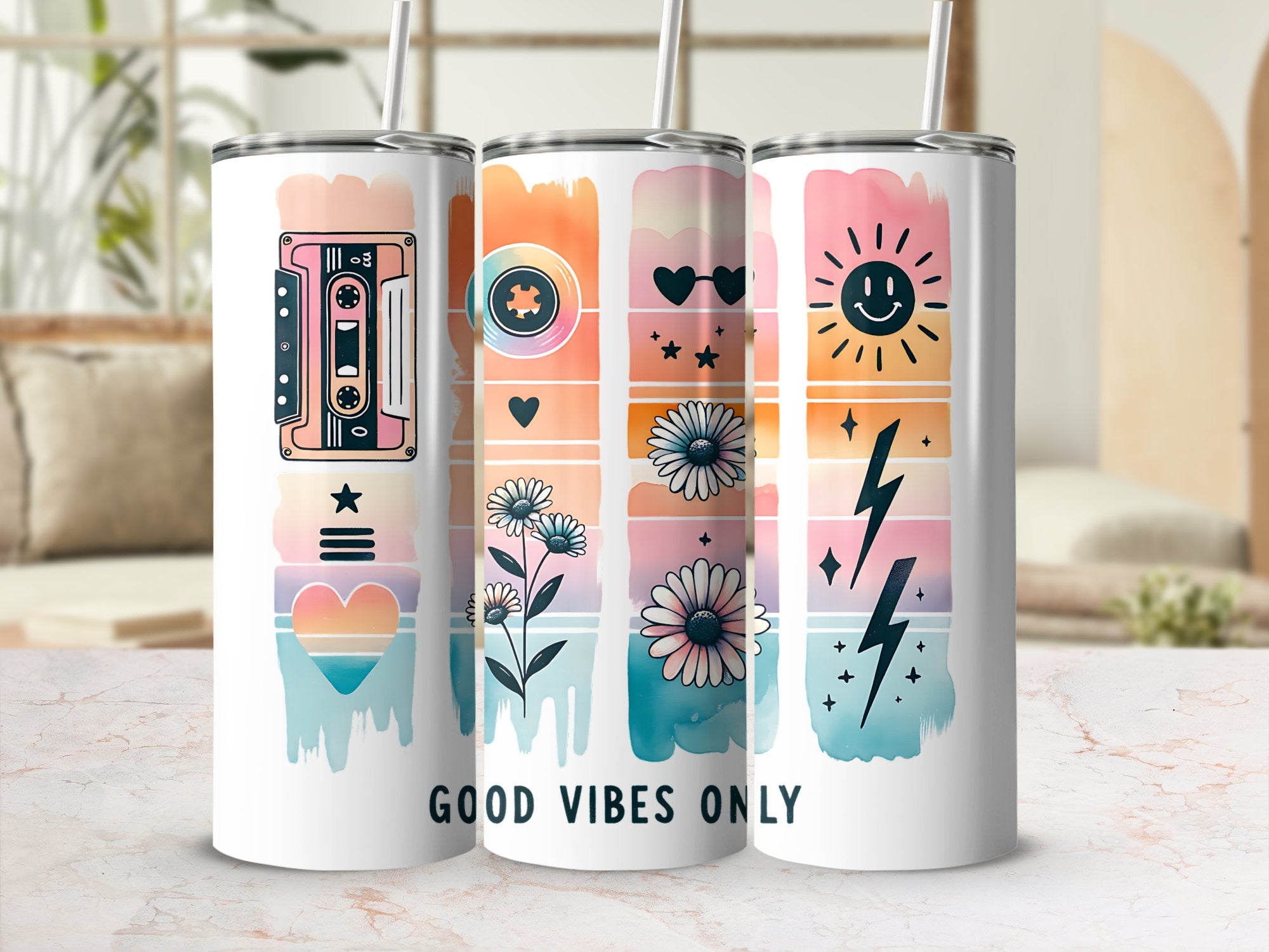 Colorful Good Vibes Only Stainless Steel Tumblers, Retro Design, Floral and Sun Graphics, Insulated Drinkware