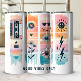 Colorful Good Vibes Only Stainless Steel Tumblers, Retro Design, Floral and Sun Graphics, Insulated Drinkware