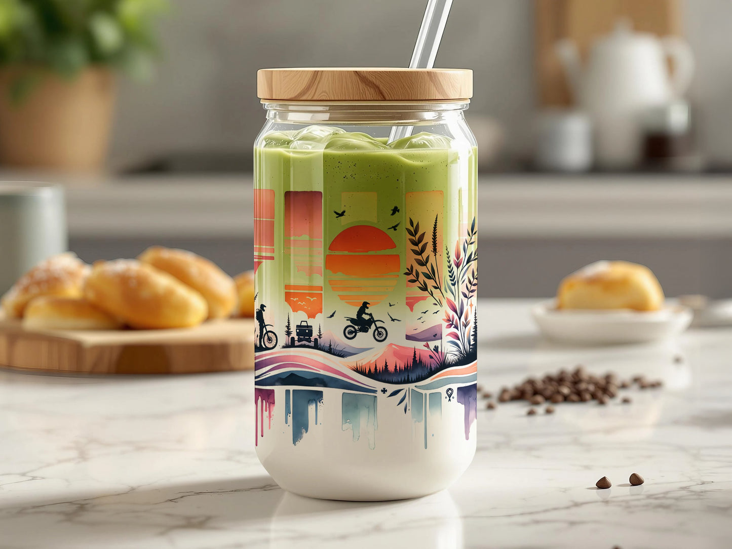 Colorful Outdoor Adventure Glass Jar with Lid and Straw, Eco-Friendly Travel Tumbler, Reusable
