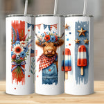 Patriotic Tumblers with Straw, Highland Cow and American Flag Design, Floral and Popsicle Graphics, 4th of July Drinkware