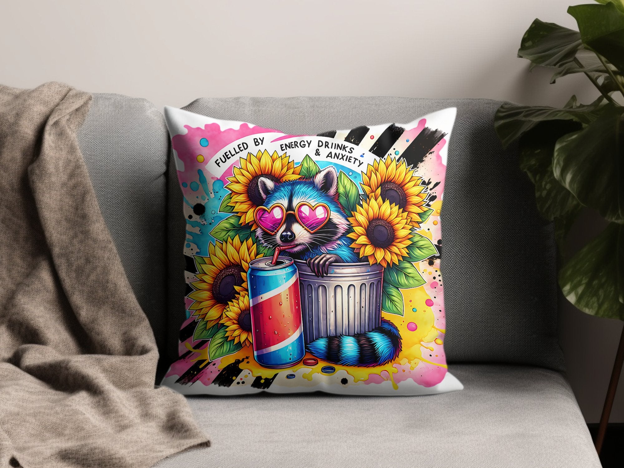 Colorful Pop Art Raccoon Throw Pillow, Quirky Animal Design Cushion, Home Decor Accent, Vibrant Sunflower and Energy Drink Illustration