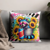 Colorful Pop Art Raccoon Throw Pillow, Quirky Animal Design Cushion, Home Decor Accent, Vibrant Sunflower and Energy Drink Illustration