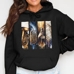 Jazz Music Hoodie, Trumpet and Saxophone Graphic Print, Unisex Black Sweatshirt, Musical Instrument Apparel, Urban Style Clothing