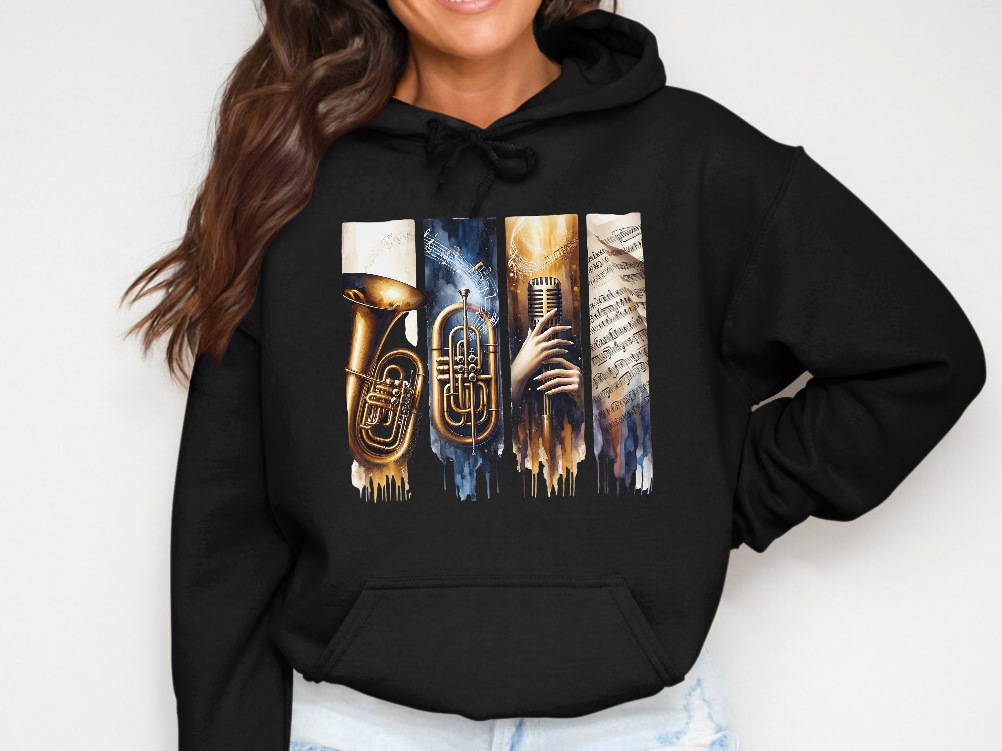 Jazz Music Hoodie, Trumpet and Saxophone Graphic Print, Unisex Black Sweatshirt, Musical Instrument Apparel, Urban Style Clothing