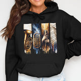 Jazz Music Hoodie, Trumpet and Saxophone Graphic Print, Unisex Black Sweatshirt, Musical Instrument Apparel, Urban Style Clothing
