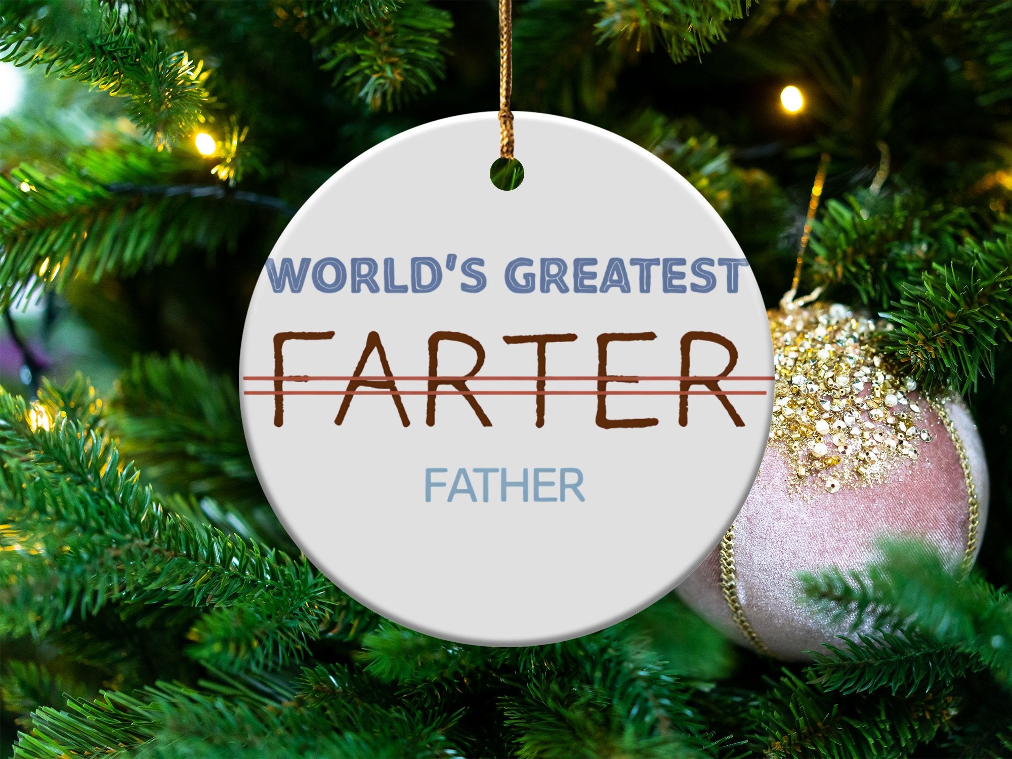 Funny Christmas Tree Ornament, World's Greatest Farter Father, Holiday Decor Gift, Humorous Family Present, White Ceramic